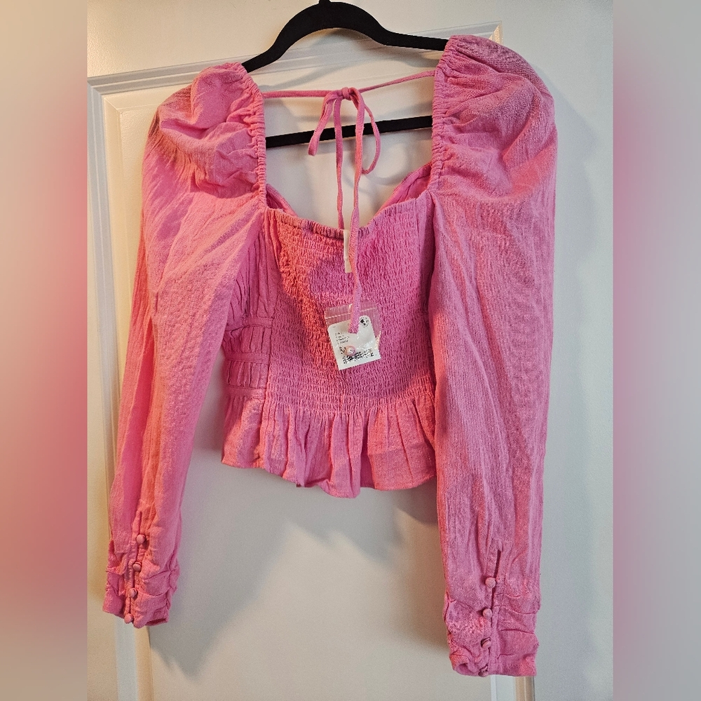 Free People Pink Ruched Peplum Blouse - Picture 5 of 6